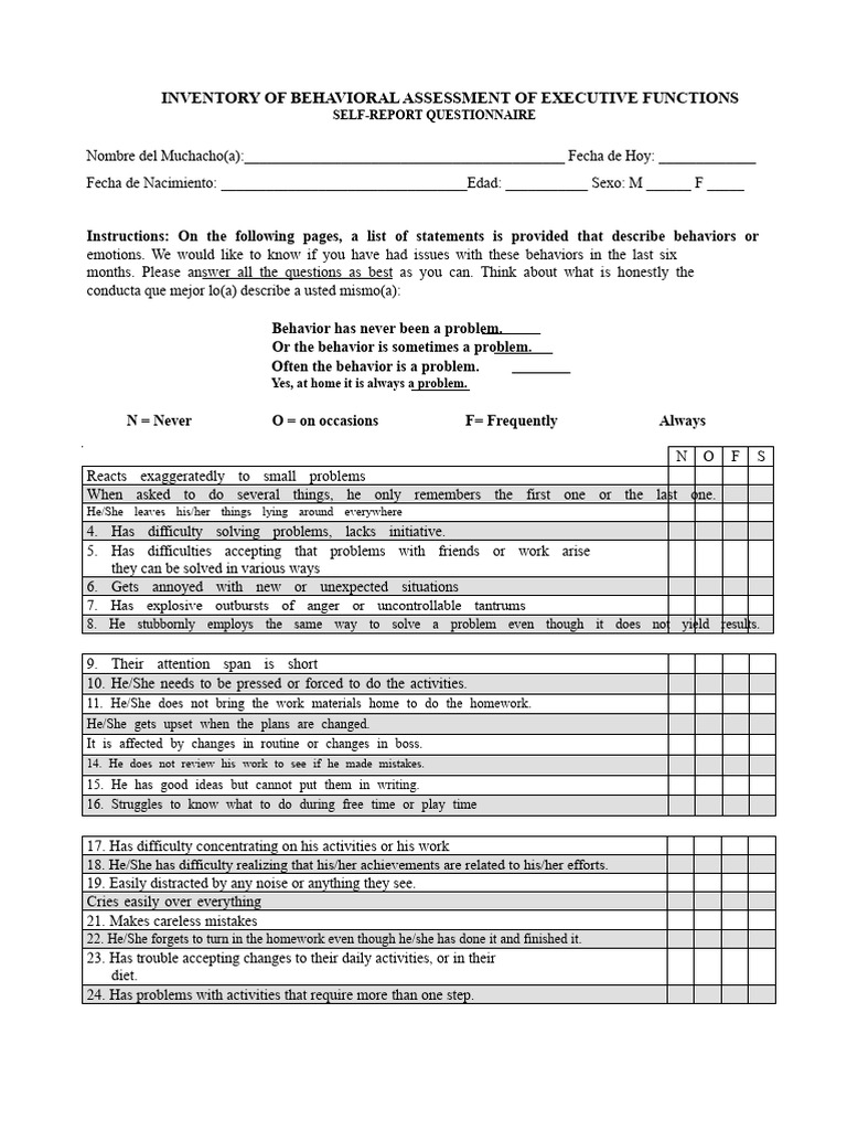 Executive Function Self-Report Inventory | PDF | Self Report Study ...
