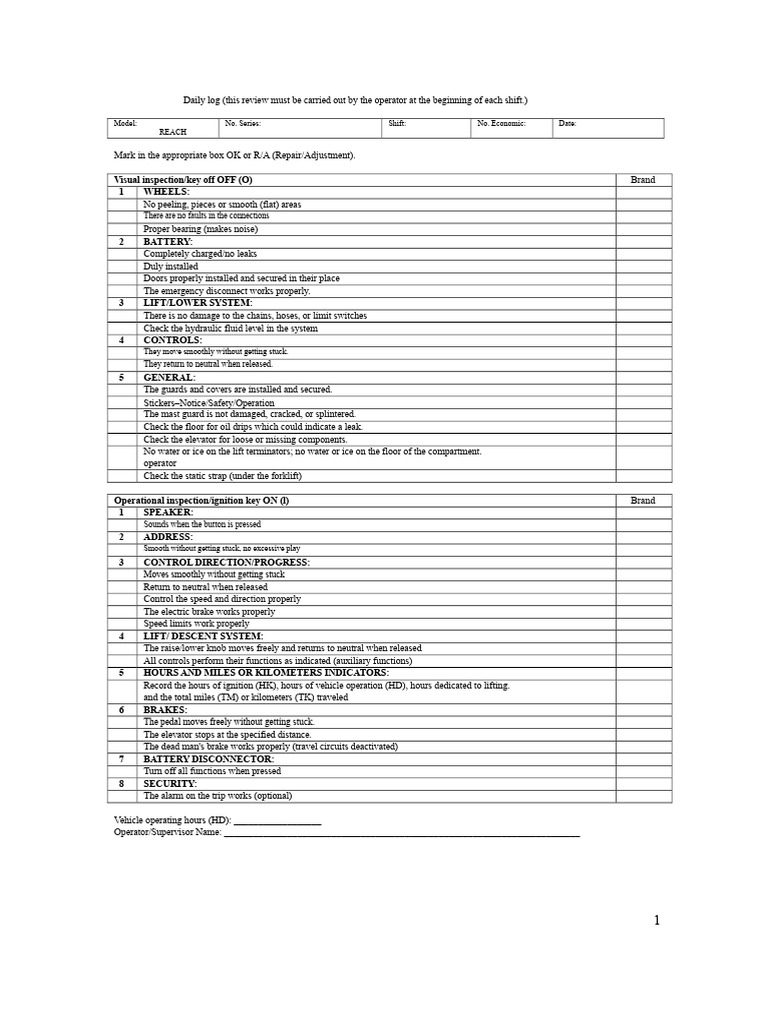 Forklift Daily Inspection Log Template | PDF | Elevator | Forklift