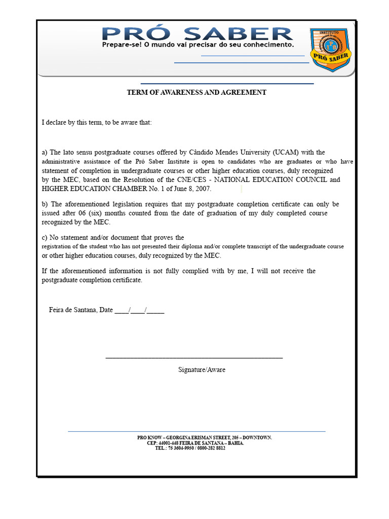 Declaration of Awareness and Agreement of The Student Pro Saber - New | PDF