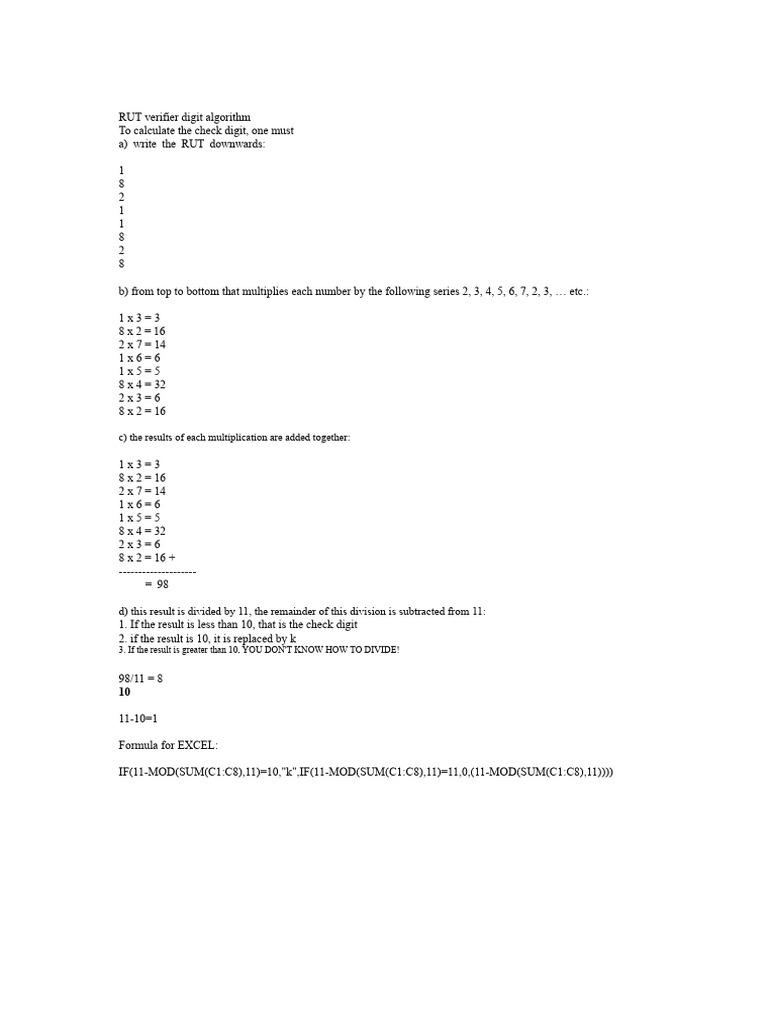 RUT Check Digit Calculation Guide | PDF