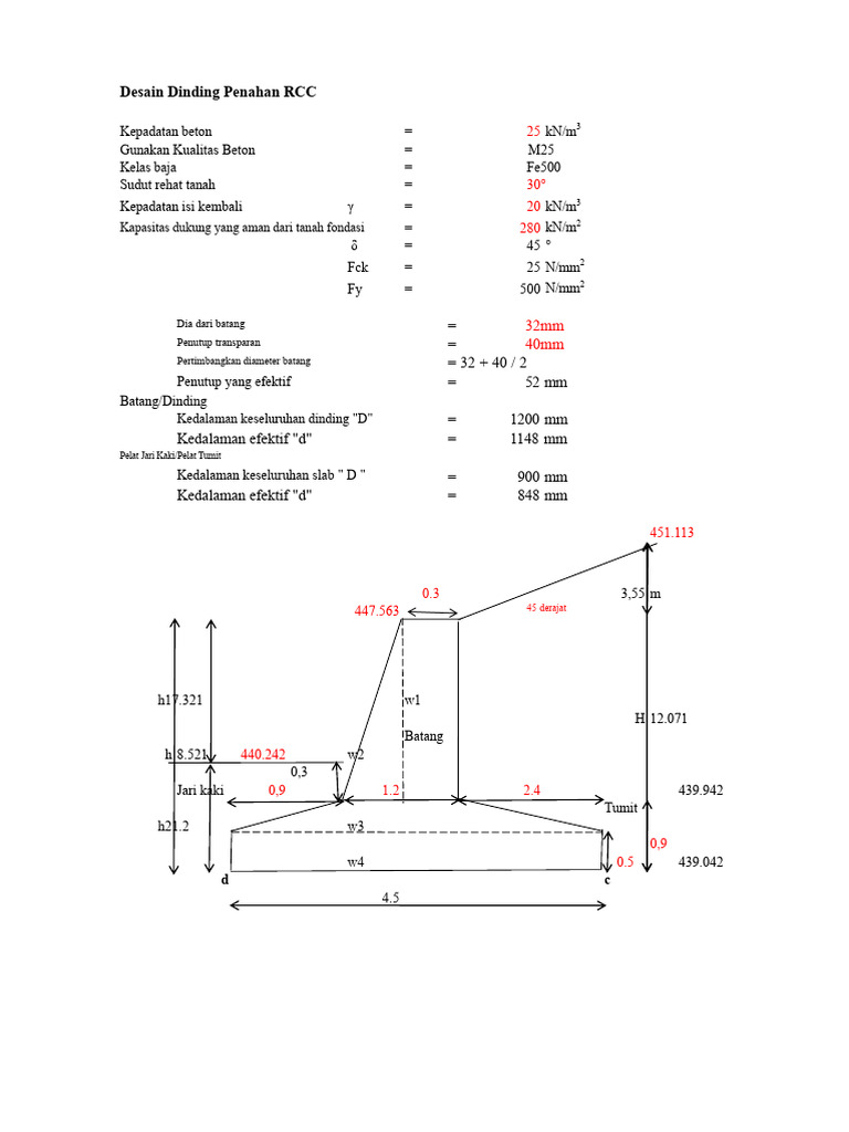 Desain Dinding Penahan RCC dan Analisis Stabilitas | PDF
