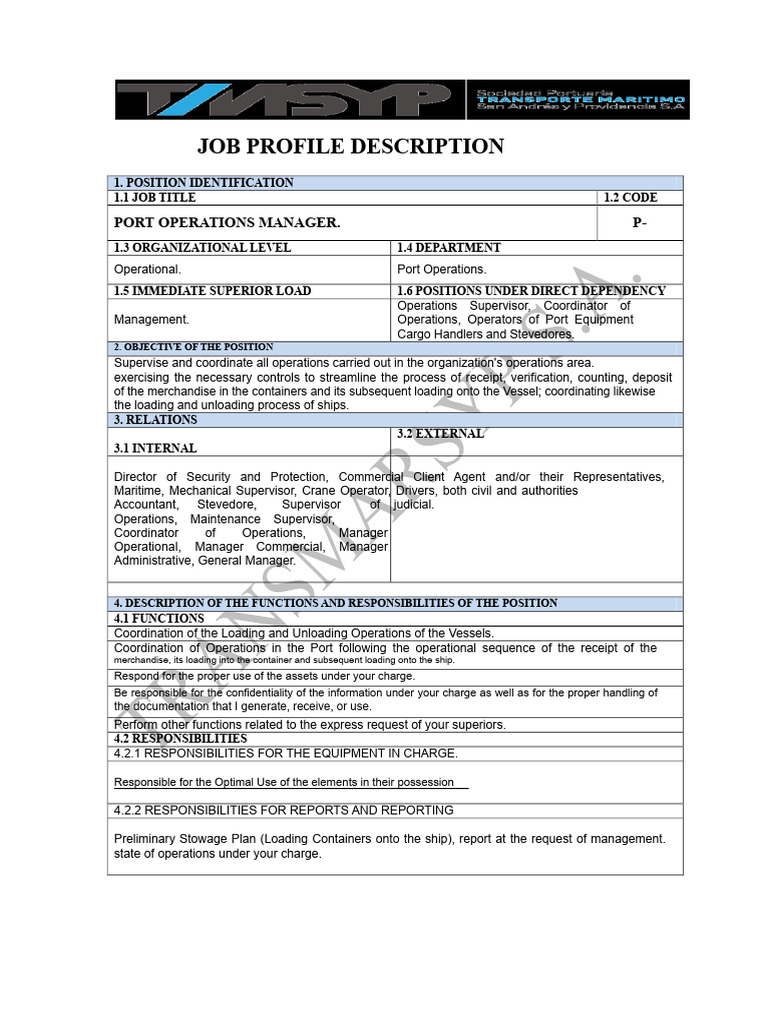 Port Operations Manager Job Profile | PDF | Port | Leadership