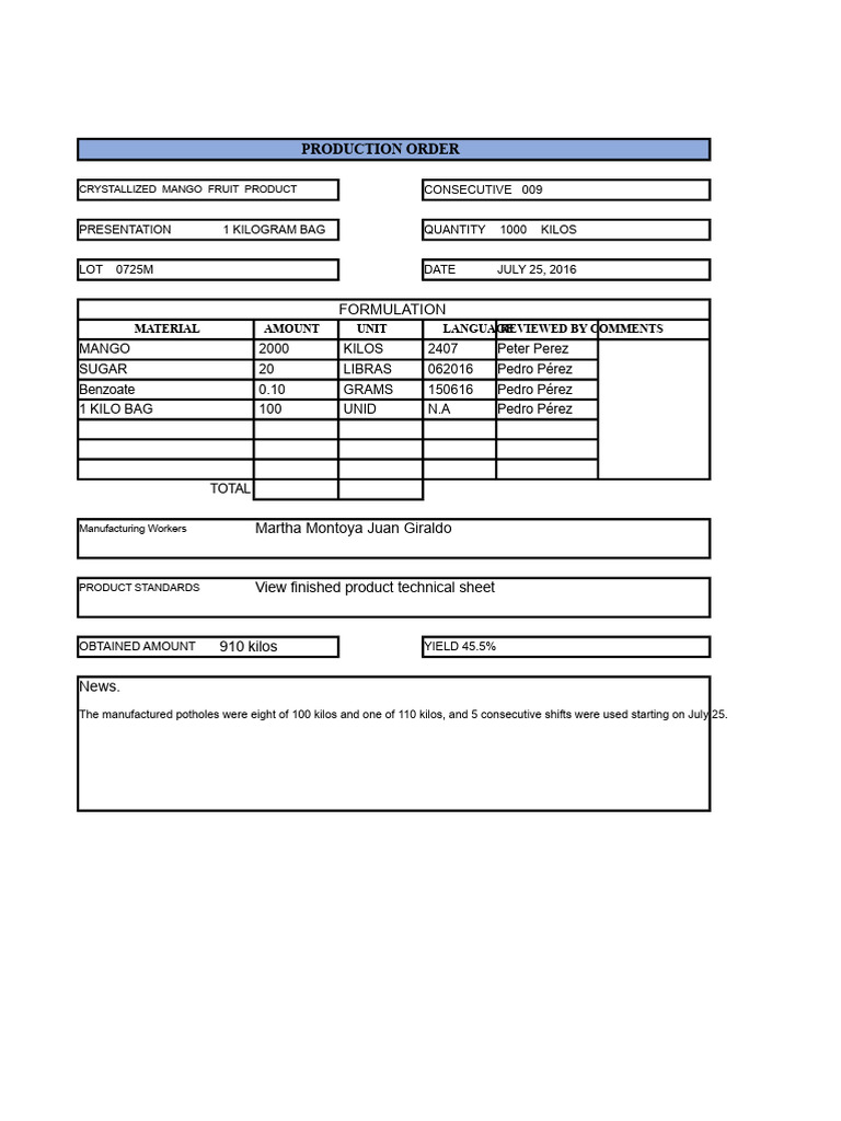 Example of Production Order | PDF