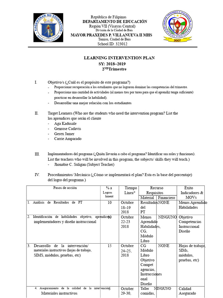 Plan de Intervención Educativa 2018-2019 | PDF | Aprendizaje ...