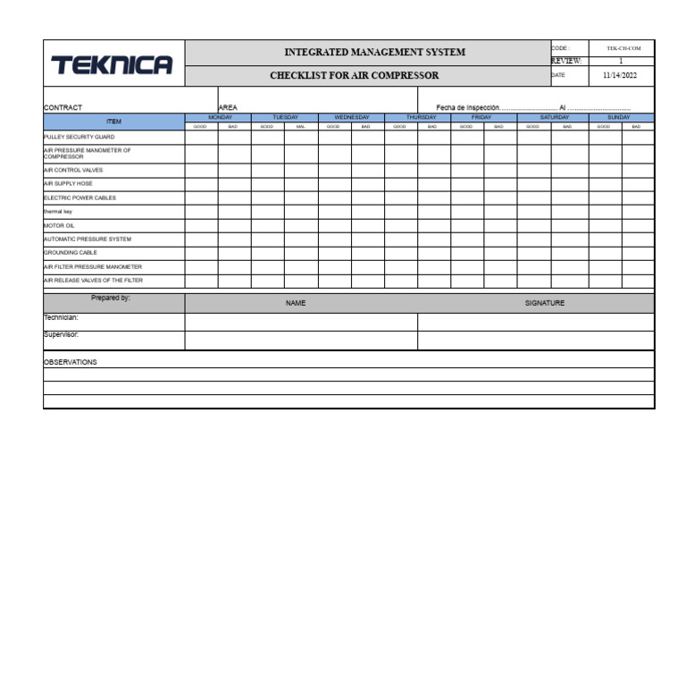 Air Compressor Inspection Checklist | PDF