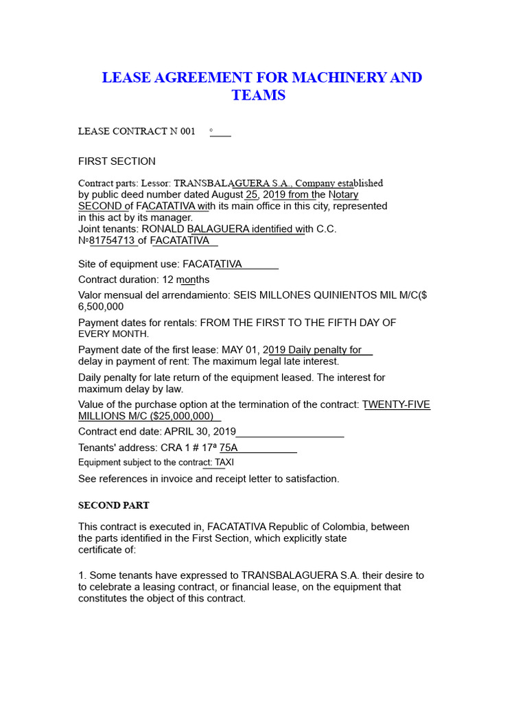 Machinery Lease Agreement Template | PDF | Lease | Leasehold Estate
