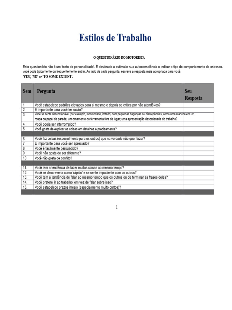 Questionário de Estilos de Trabalho para Motoristas | PDF | Tempo