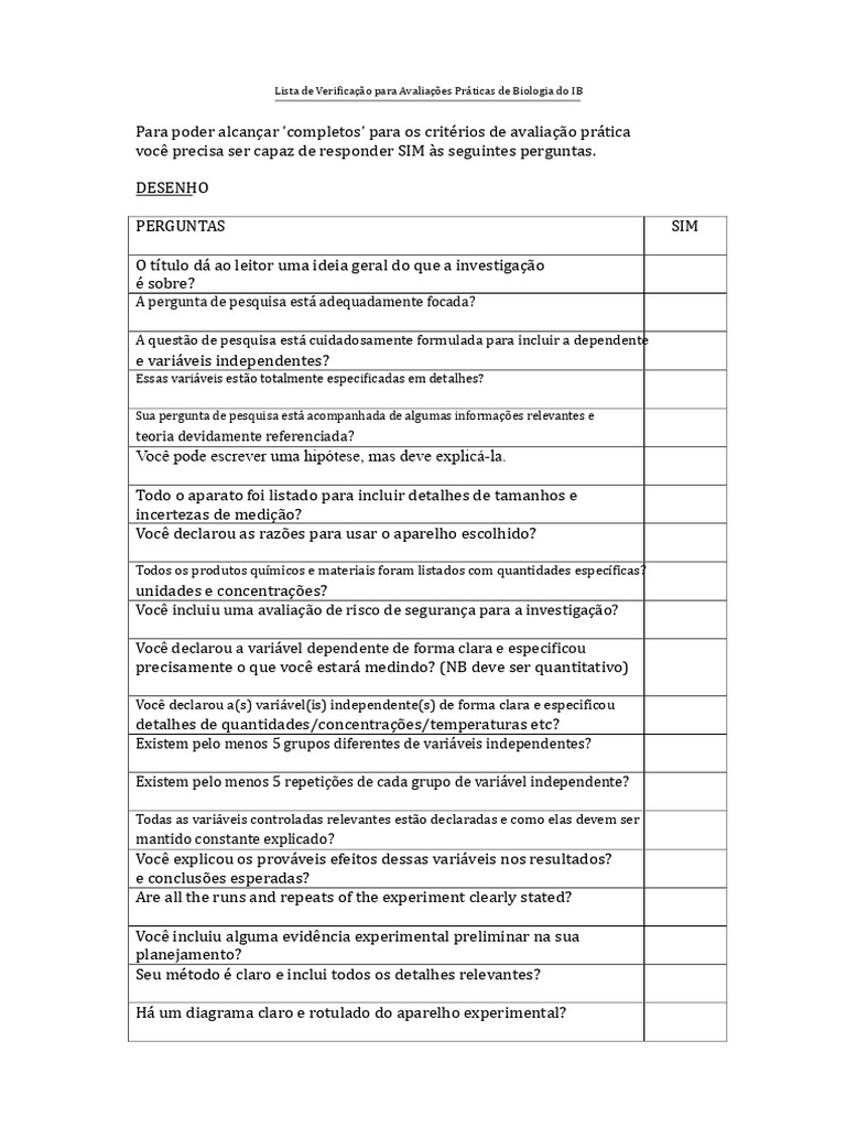 Checklist de Avaliação Prática de Biologia IB | PDF | Dados | Medição