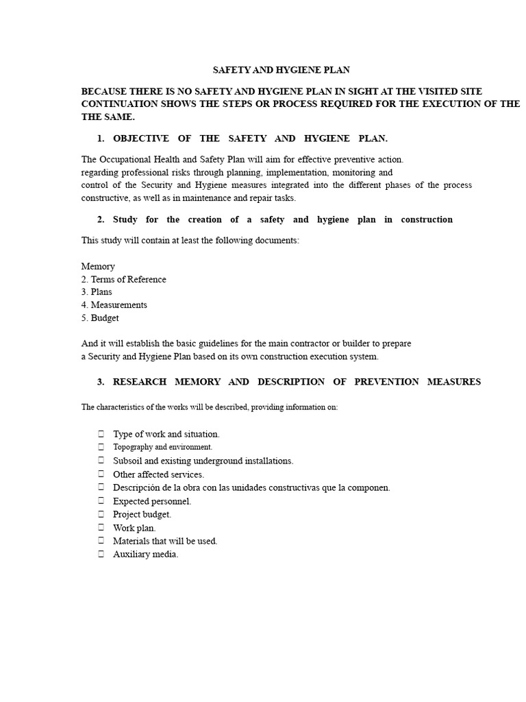 Construction Safety and Hygiene Plan | PDF | Safety | Risk