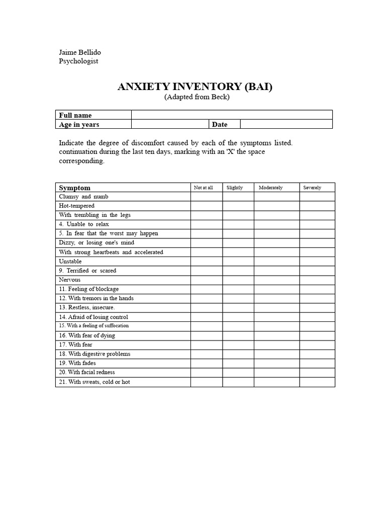Beck Anxiety Inventory Assessment Guide | PDF