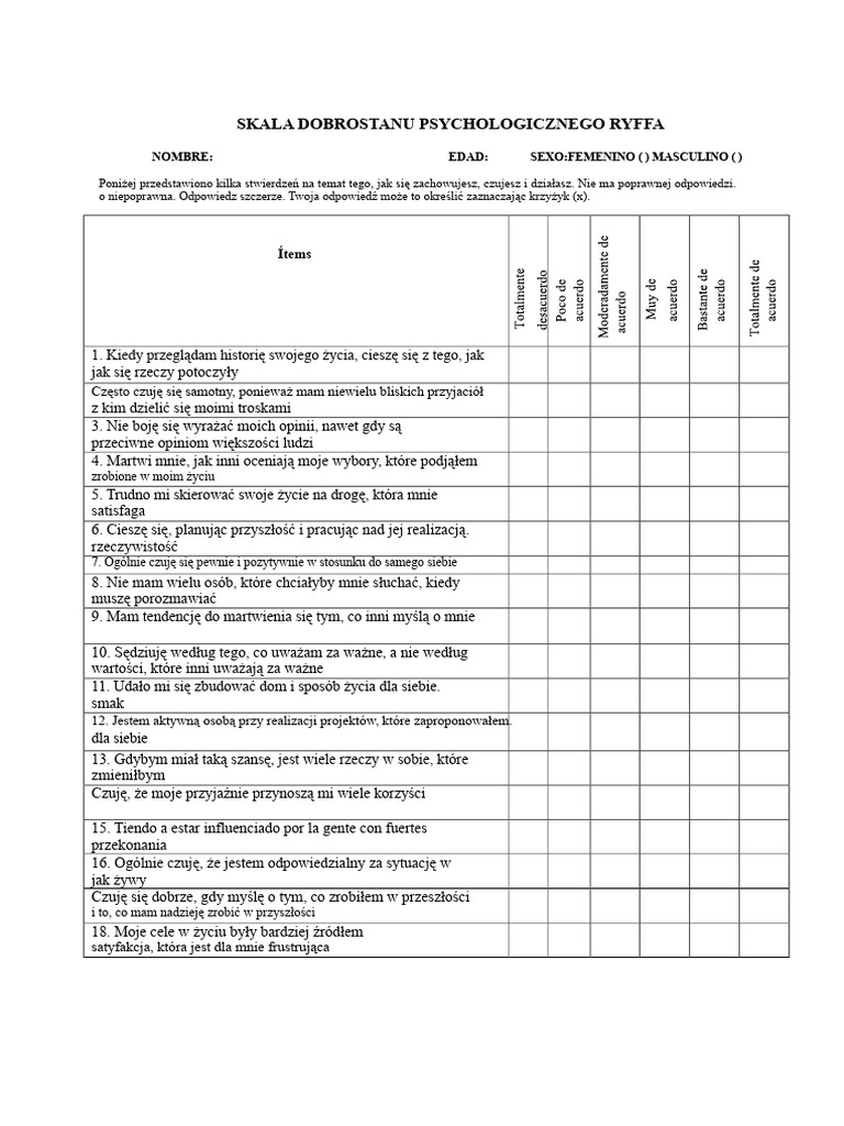 Skala Dobrostanu Psychologicznego Ryffa | PDF
