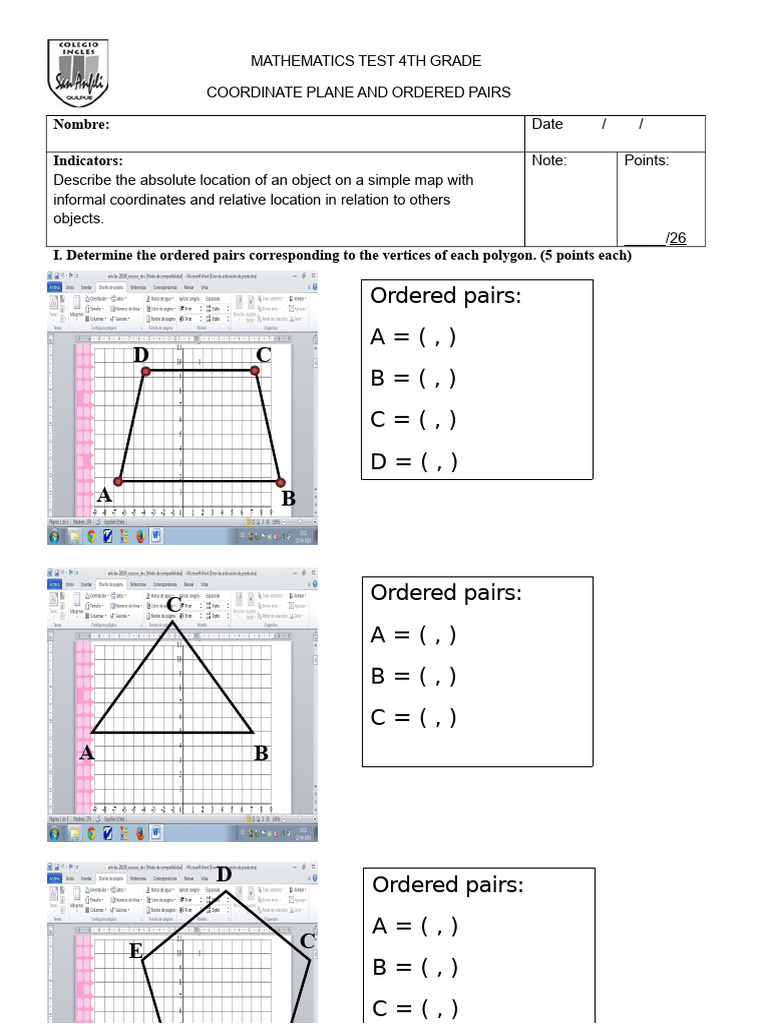 Mathematics Test 4 Coordinate Plane and Ordered Pairs | PDF | Polygon ...