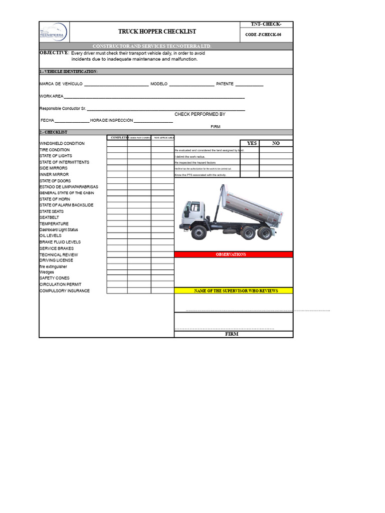 TNT-F.CHECK - 008 Truck Hopper Check List | PDF | Truck | Road Transport