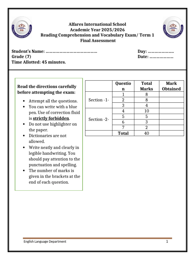 First assessment comprehension and Vocabulary Grade 7 | PDF | Grammar ...