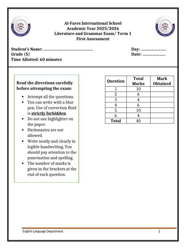Grade 5 Literature & Grammar Exam 2025 | PDF | Adverb | Verb