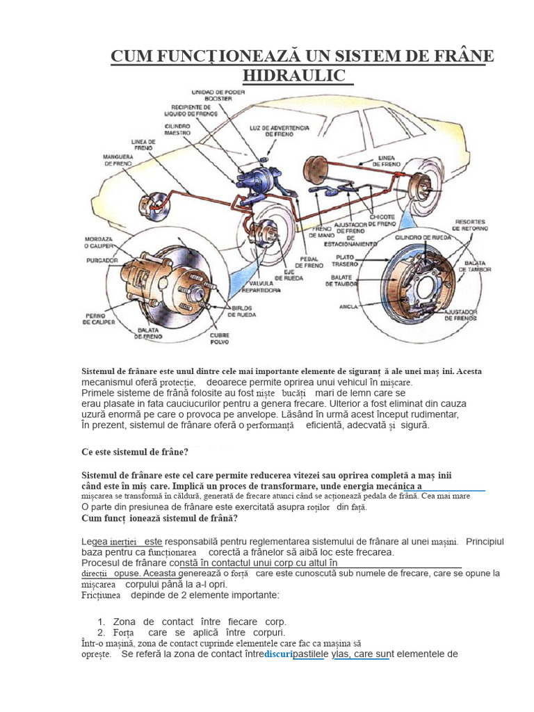 Scopul, Componentele Unui Sistem de Frâne Hidraulice | PDF