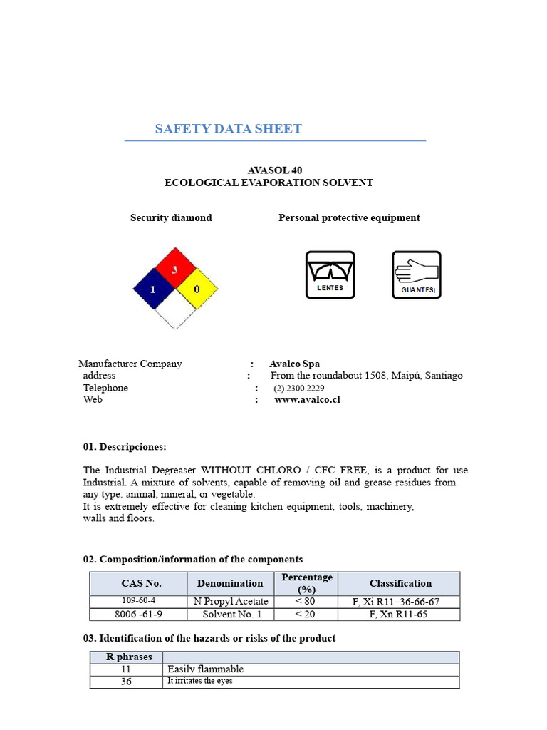 AVASOL 40 Safety Data Sheet | PDF | Solvent | Materials