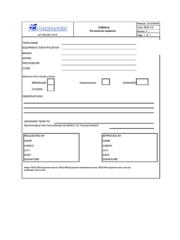RDQ-115 Format For Decommissioning Equipment REV 0 PDF | PDF