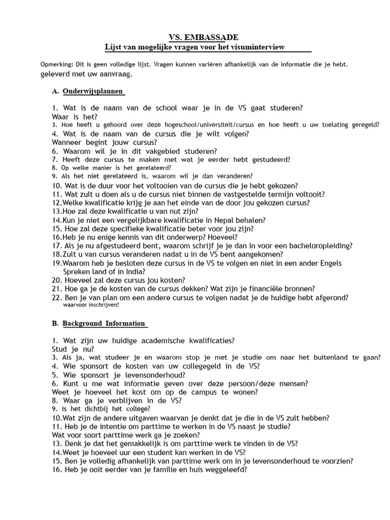 Visum Interview Vragen | PDF