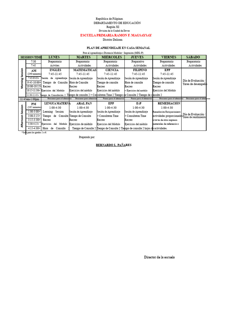 Plan de Aprendizaje en Casa Semanal | PDF | Aprendizaje | Modificación ...