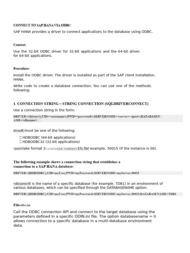 Connect To Sap Hana Via Odbc | PDF | Databases | User (Computing)