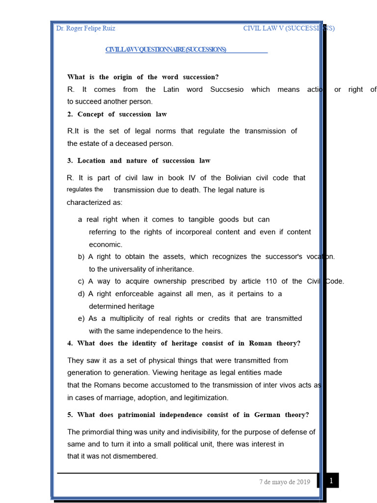 Succession Law Questionnaire 1 | PDF | Inheritance | Will And Testament