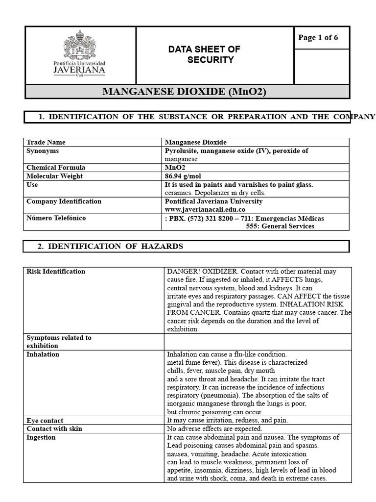 Manganese Dioxide (Mno2) : Data Sheet of Security | PDF | Personal ...