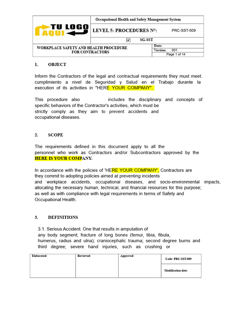 PRC-SST-009 SST Procedure For Contractors | PDF | Occupational Safety ...