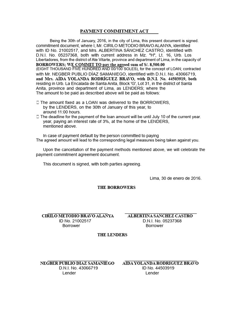 Payment Commitment Agreement 2016 | PDF