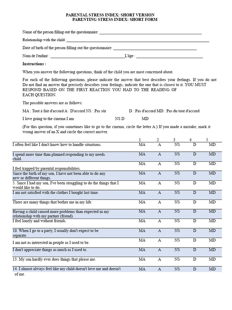 Parental Stress Index Short Form | PDF | Caregiver | Stress (Biology)