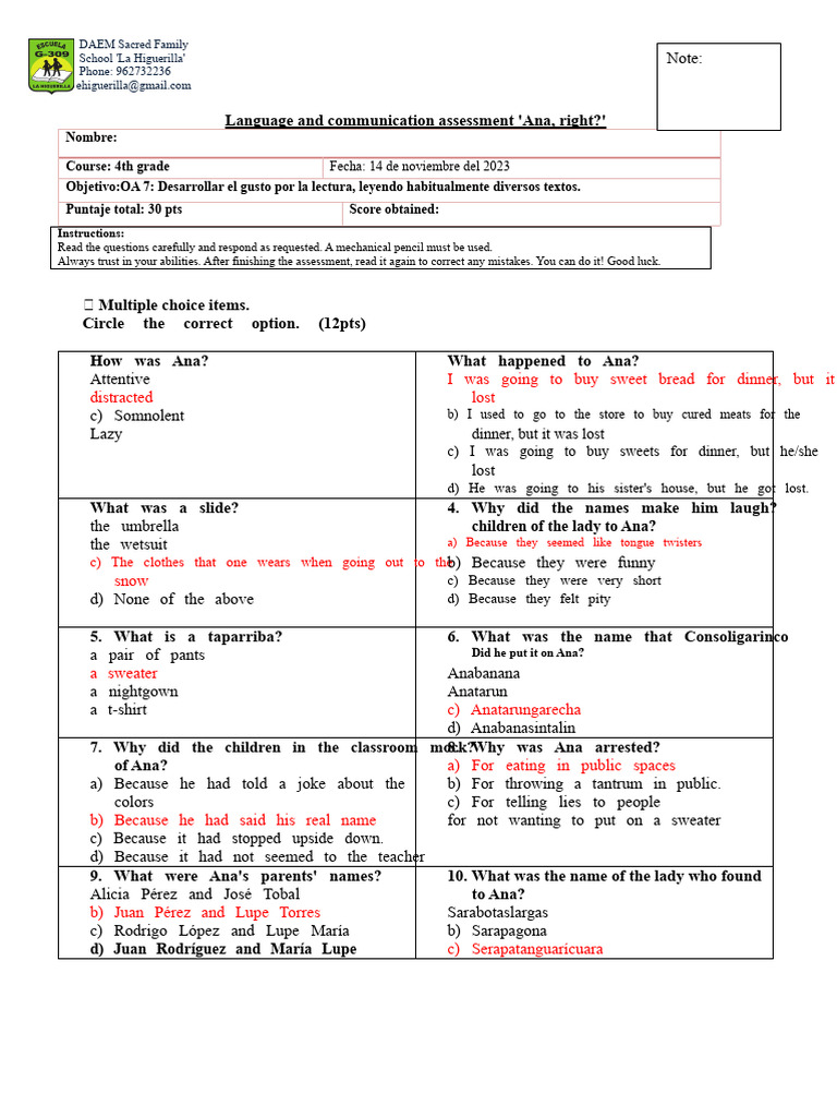 4th Grade Language Assessment Guide | PDF