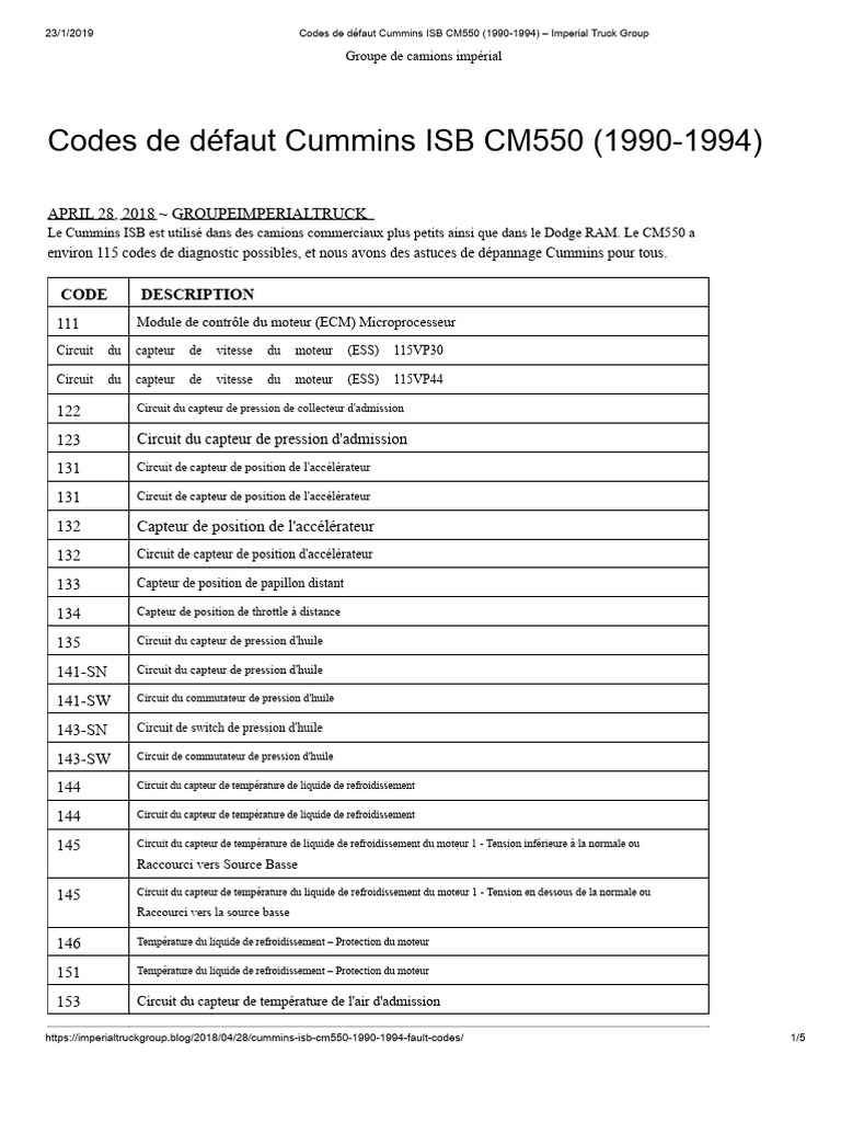 Codes d'erreur Cummins ISB CM550 1990-1994 | PDF | Ingénierie mécanique