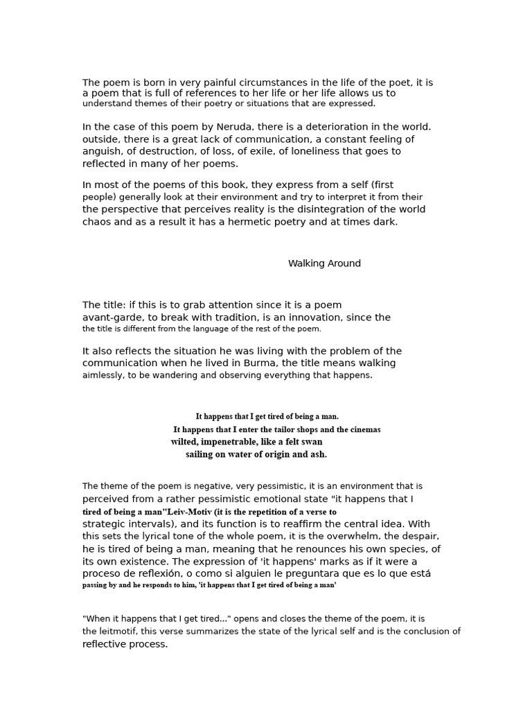 Analysis of Walking Around by Pablo Neruda | PDF | Poetry | Psychology