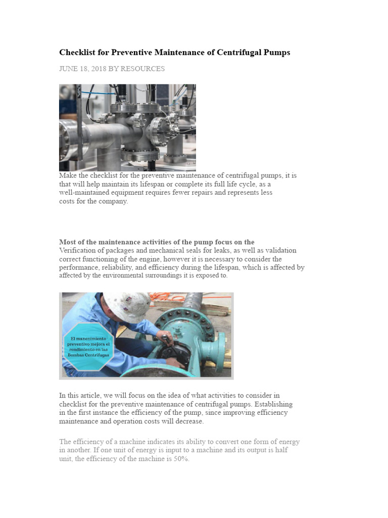 Preventive Maintenance Checklist for Pumps | PDF | Pump | Mechanical ...