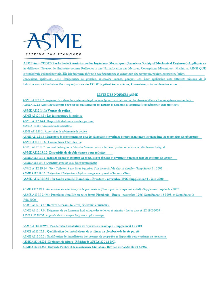 Normes ASME : Guide complet des codes | PDF | Mesure de débit | Plomberie