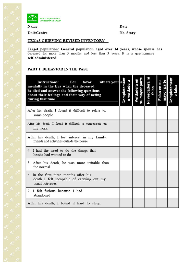 Texas Revised Inventory of Grief | PDF | Grief | Psychology