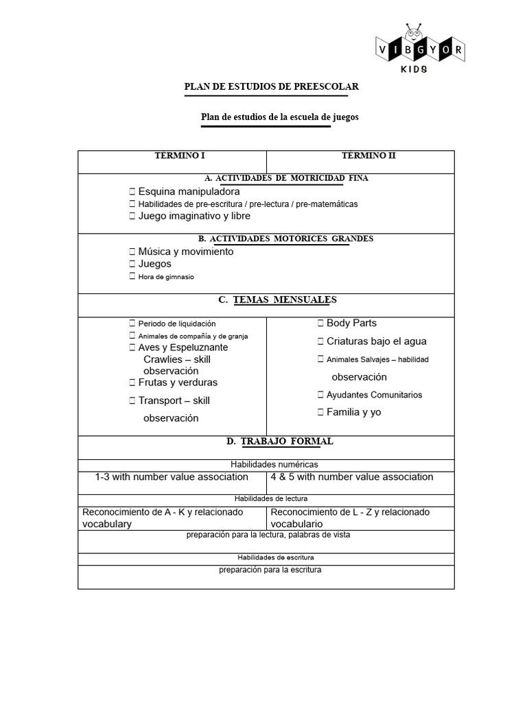 Plan de Estudios para Preescolar y Jardín de Infancia | PDF