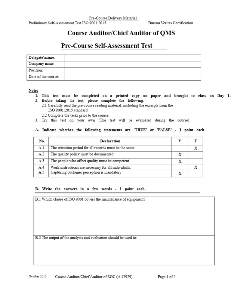 Test Pre Course-Oct 2015 | PDF | Quality Management System | Quality ...