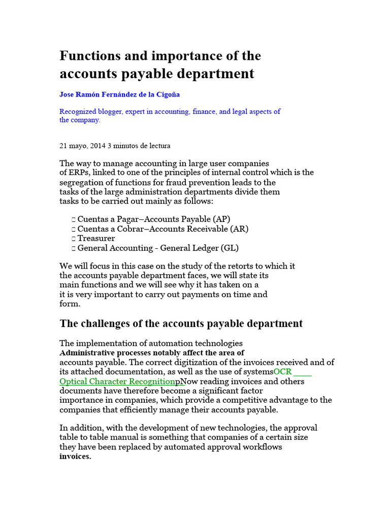 Importance of Accounts Payable Functions | PDF | Accounts Payable ...