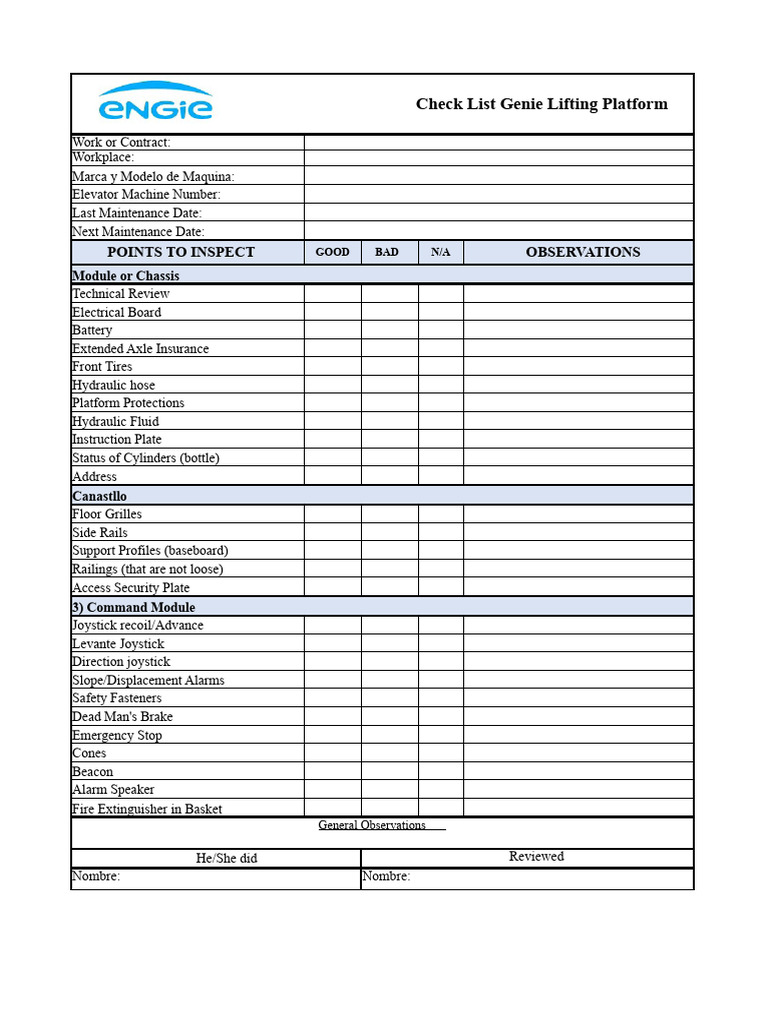 Genie Lifting Platform Inspection Checklist | PDF