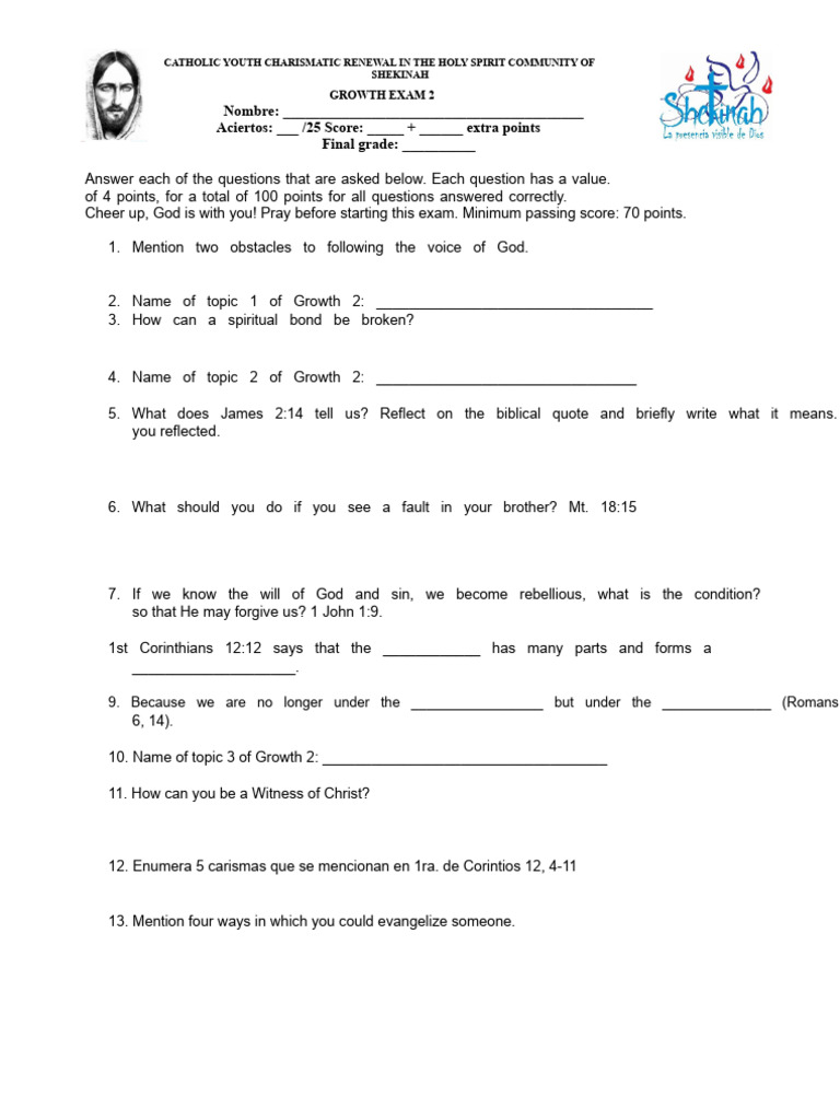 Catholic Youth Charismatic Renewal Exam | PDF | Charismatic Movement ...