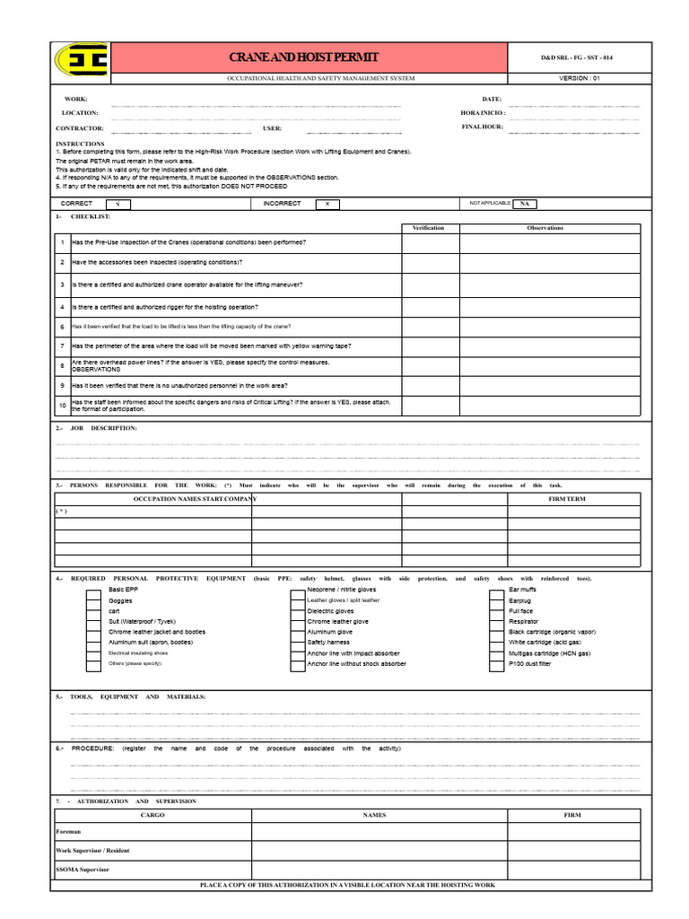 FG - 014 Crane and Hoist Permit | PDF | Crane (Machine) | Occupational ...
