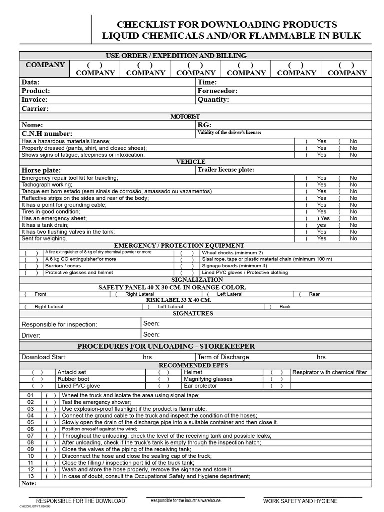 Bulk Chemical Download Checklist | PDF | Safety
