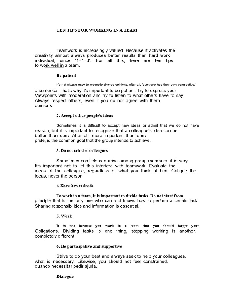 Ten Tips for Teamwork | PDF | Behavioural Sciences | Psychological Concepts
