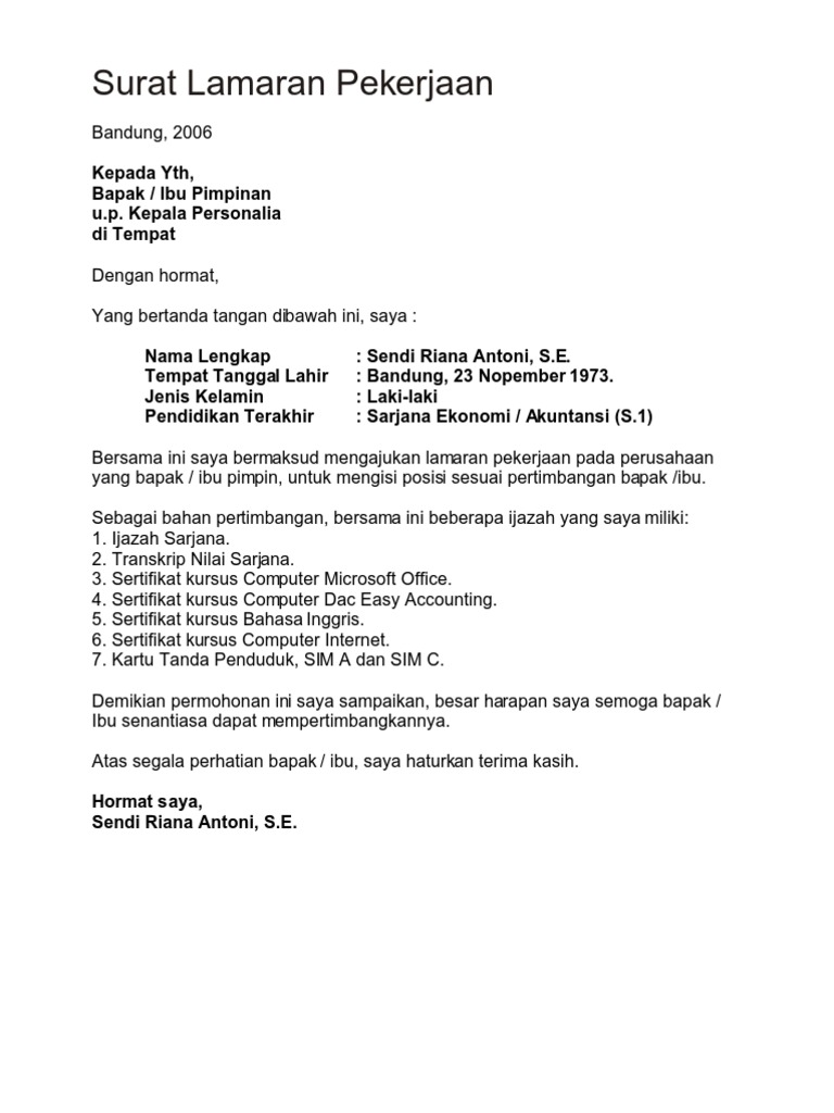 Contoh Cv Dan Surat Lamaran Kerja
