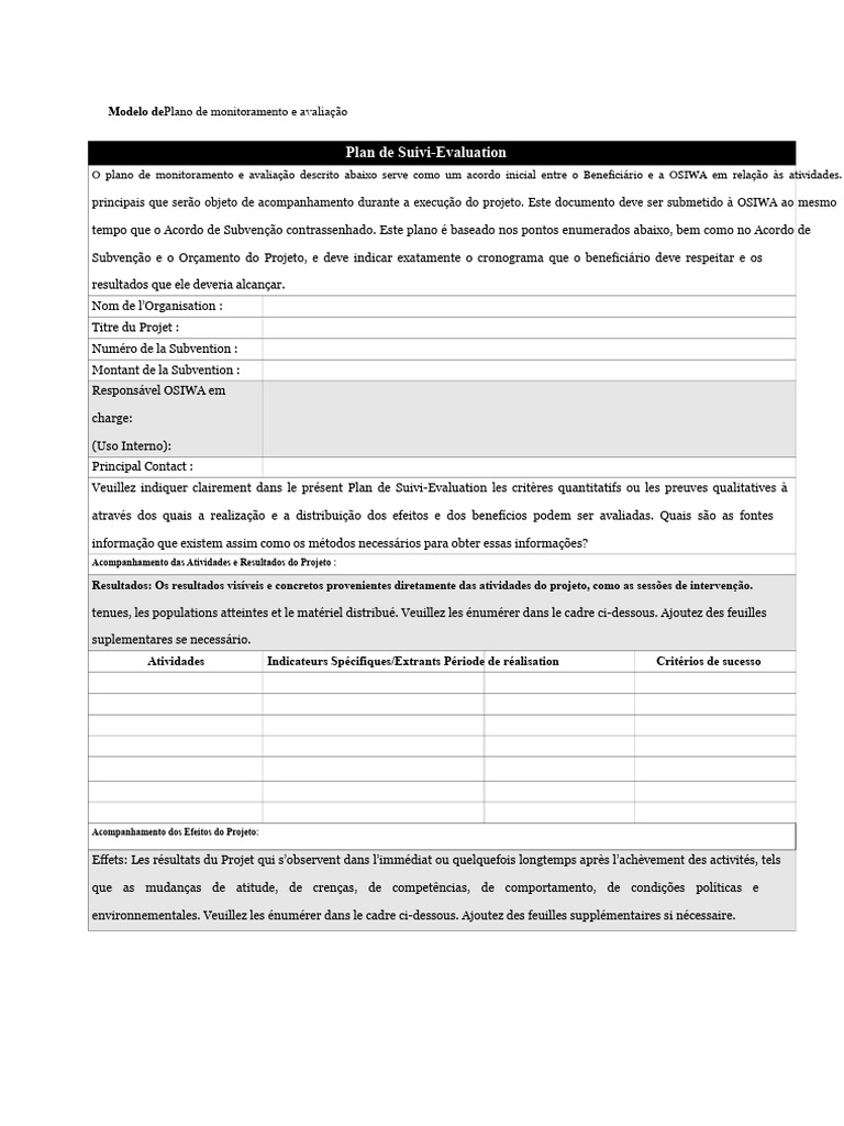 Plano de Monitoramento e Avaliação do Projeto | PDF