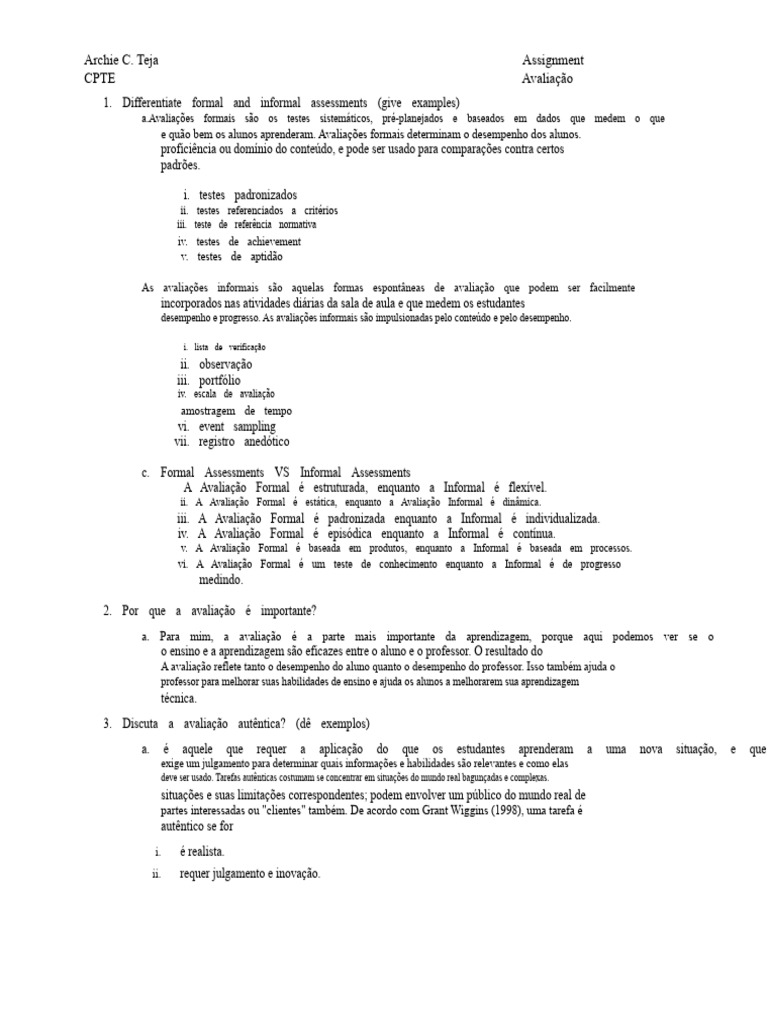 Avaliações Formais e Informais: Diferenças | PDF | Aprendizado