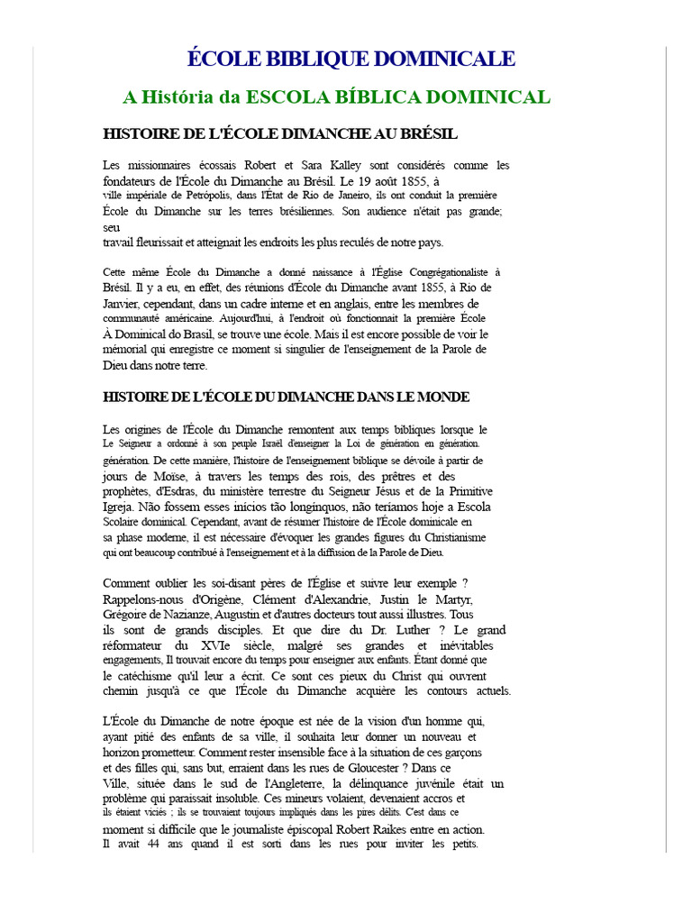 Histoire de l'École Biblique Dominicale | PDF | École du dimanche | Brésil