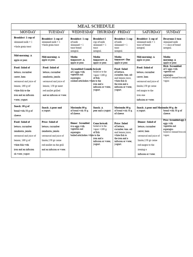 Weekly Meal Schedule and Recipes | PDF | Meal | Salad
