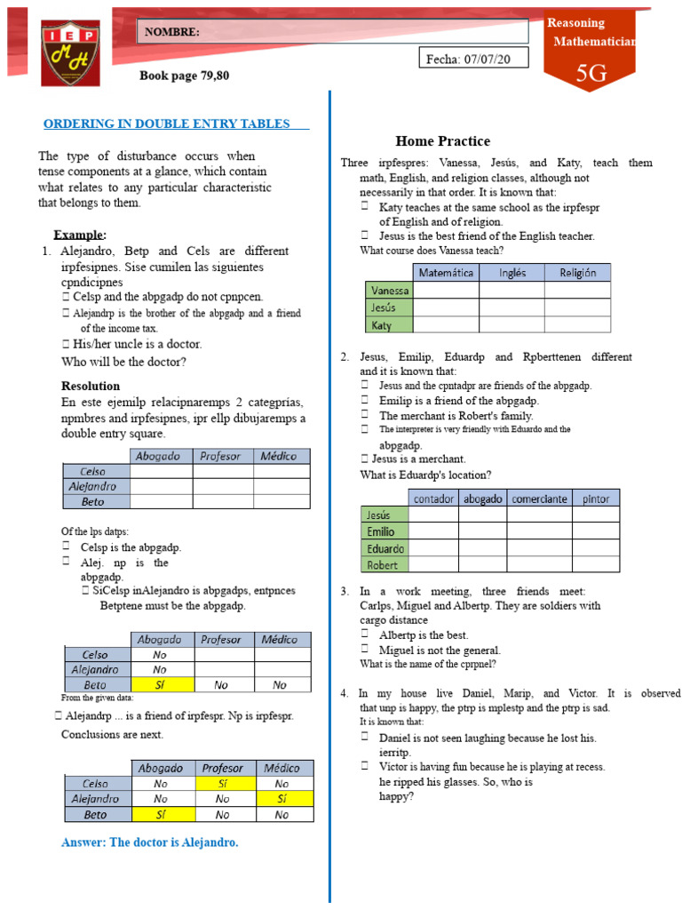 Double Entry Tables in Reasoning Exercises | PDF